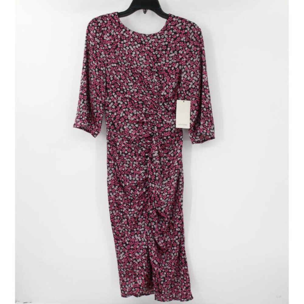 NWT Zara Basic Dress Womens Small Floral Print Ruched 3/4 Sleeve Crew Neck zip